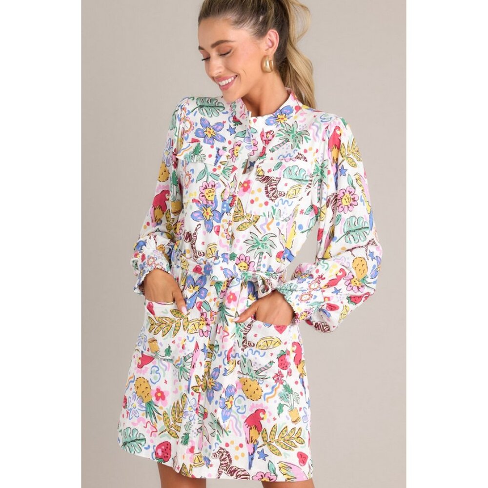 FATE Sz. S Rain Or Shine White Tropical Print Button Front Mini Dress